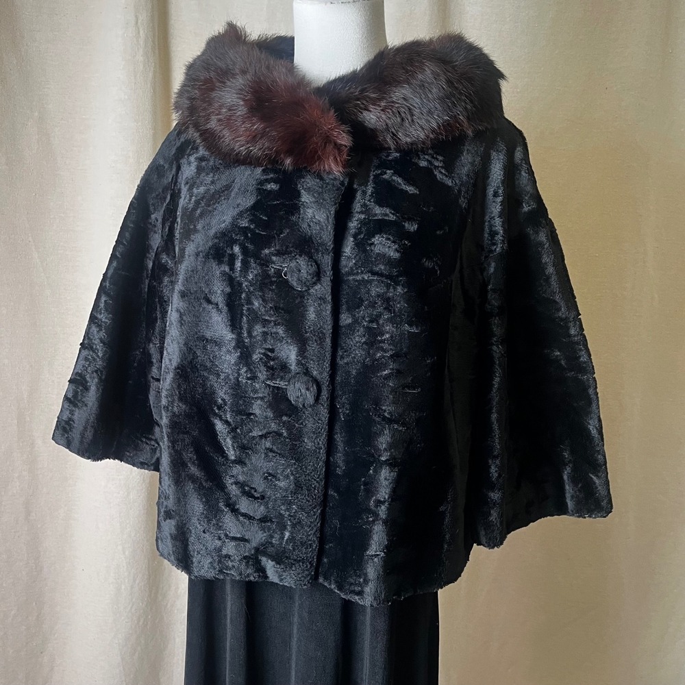 Vintage Sheared Fur Cape Mink Collar Black Swing Evening Caplet 1950s M L